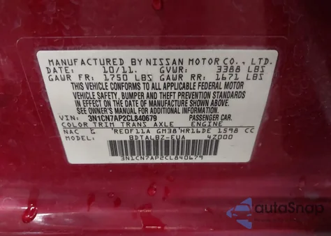 2012 Nissan Versa 1.6 Sv z USA, uszkodzony, nr VIN 3N1CN7AP2CL840679